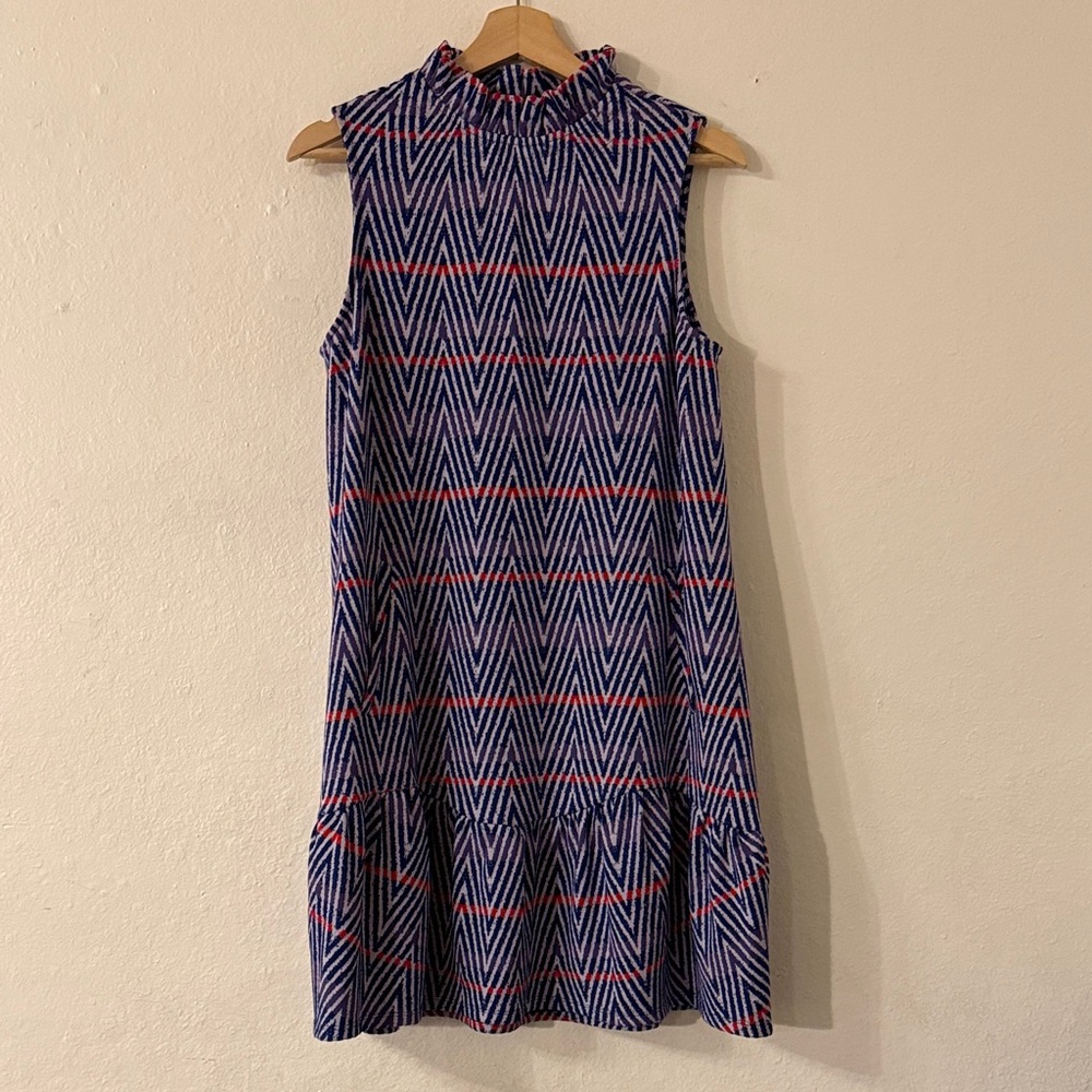 Tyler Boe Blue and Red Tiered Chevron Pocket Dress Sz S